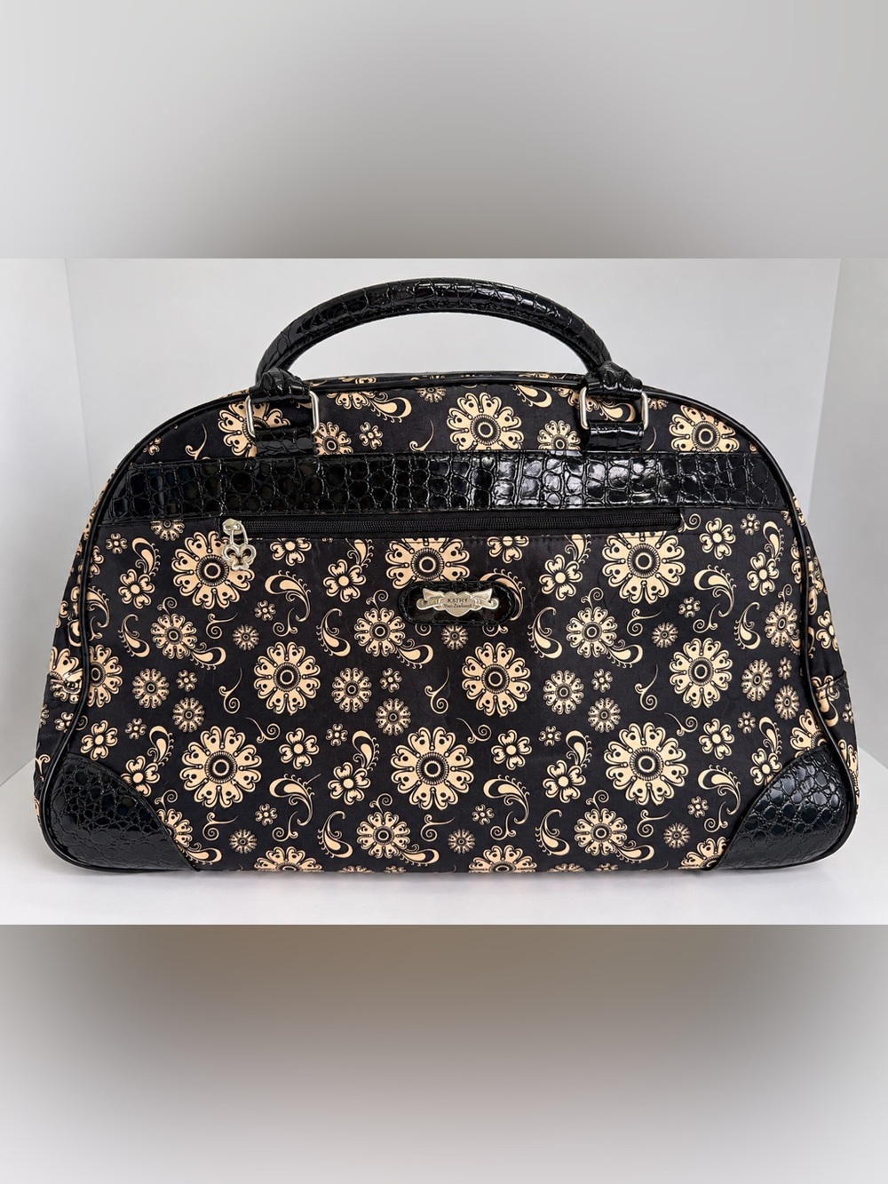 Kathy Van Zeeland Rolling Duffel Bag Black Tan Floral Wheeled Travel Luggage